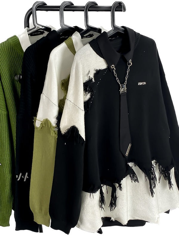 Bohemian fringe sweater with asymmetric hem and color blocking