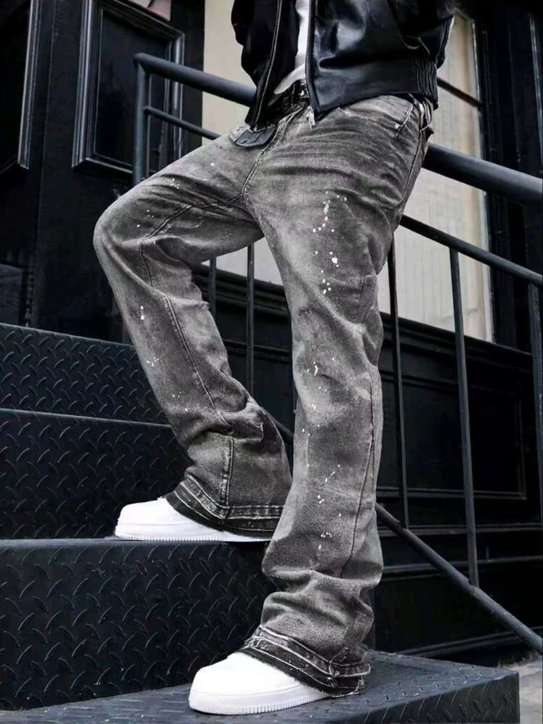 Gray and blue splatter-effect cuffed stretch jeans