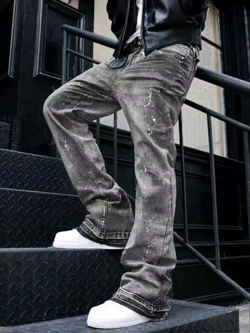 Gray and blue splatter-effect cuffed stretch jeans