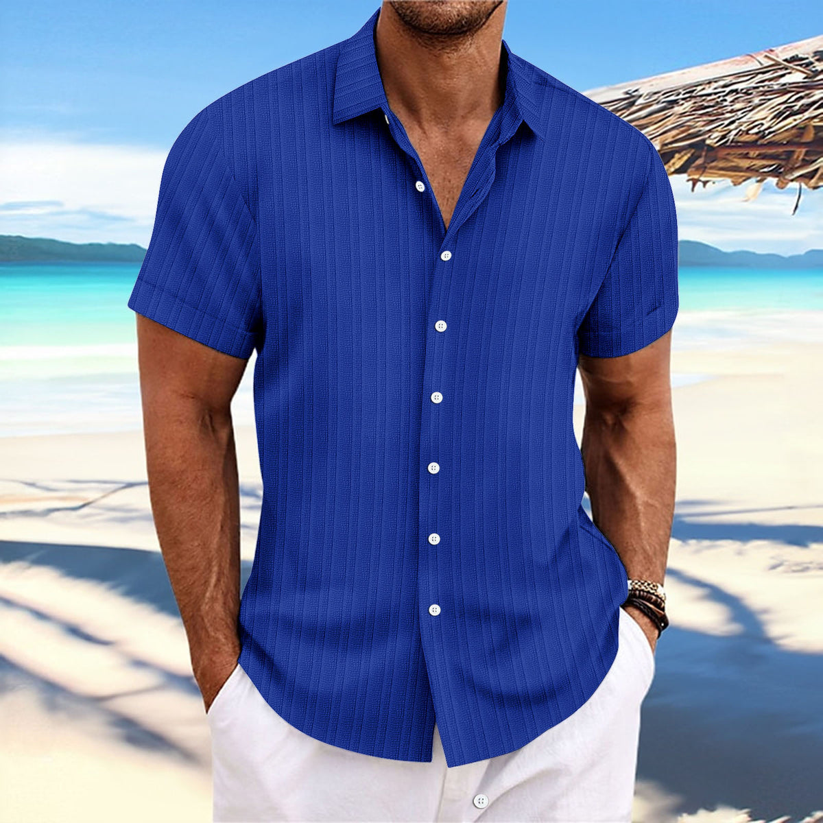 Jacquard striped short-sleeve cotton linen shirt