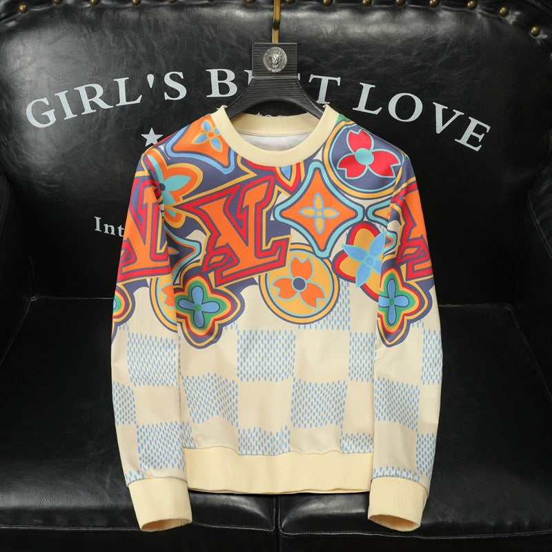 Floral and star print sweatshirt with blue check lower half