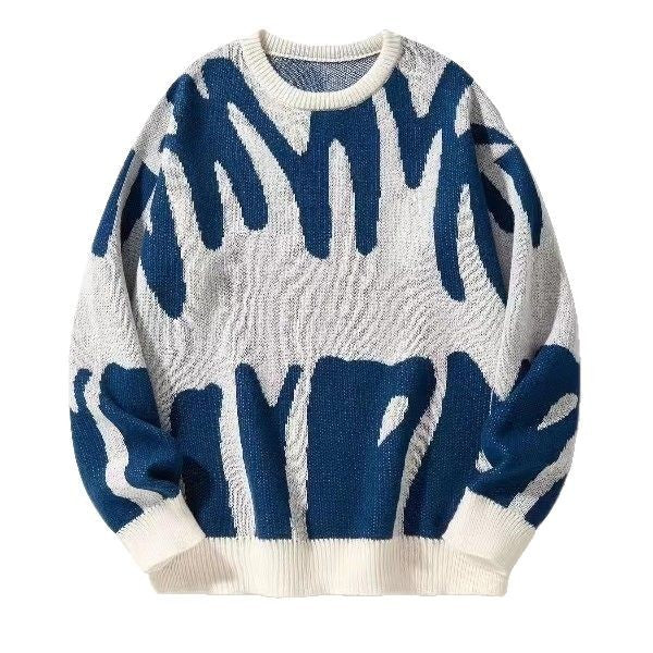 Men's Stylish Jacquard Knit Sweater - Loose Fit Round Neck Long Sleeve Pullover For Teens & Adults (Black/White, Grey/Black, Cream/Brown, Blue/White) - product image 10