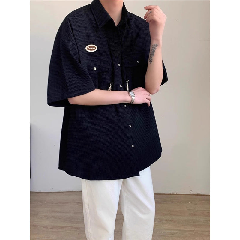 Short-Sleeve Waffle-Knit Button-Up Shirt in Black Red or Khaki