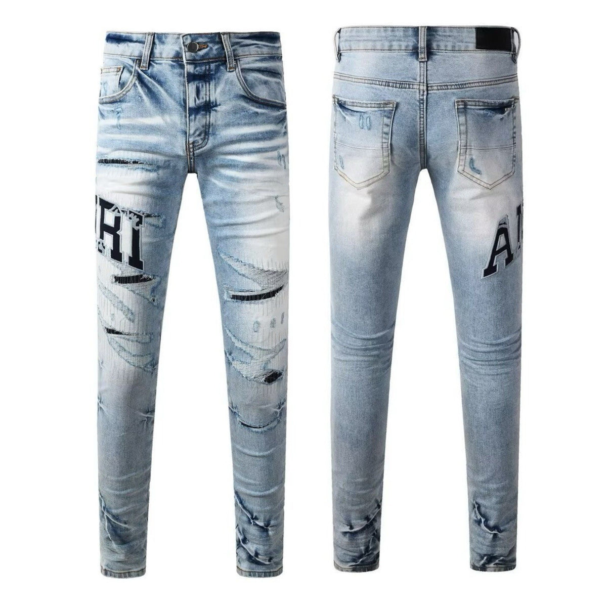 Distressed Straight-Leg Denim Jeans in Blue Black Gray or White