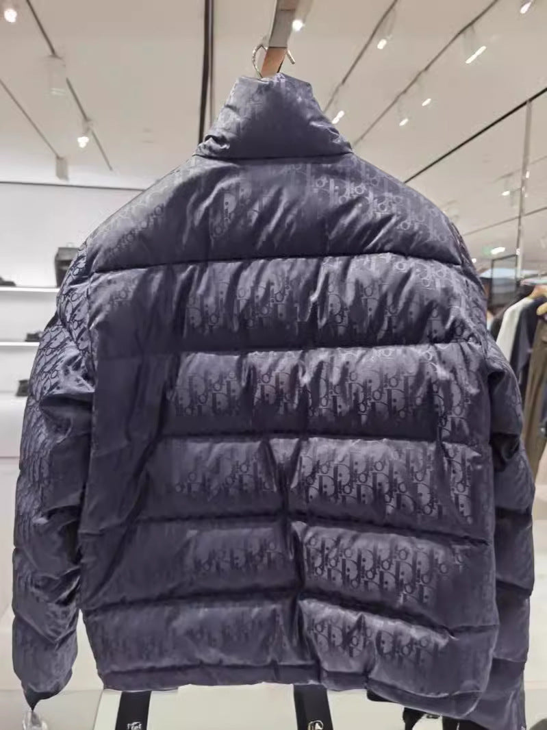 Black Quilted Down Jacket with Stand Collar and Full Zip