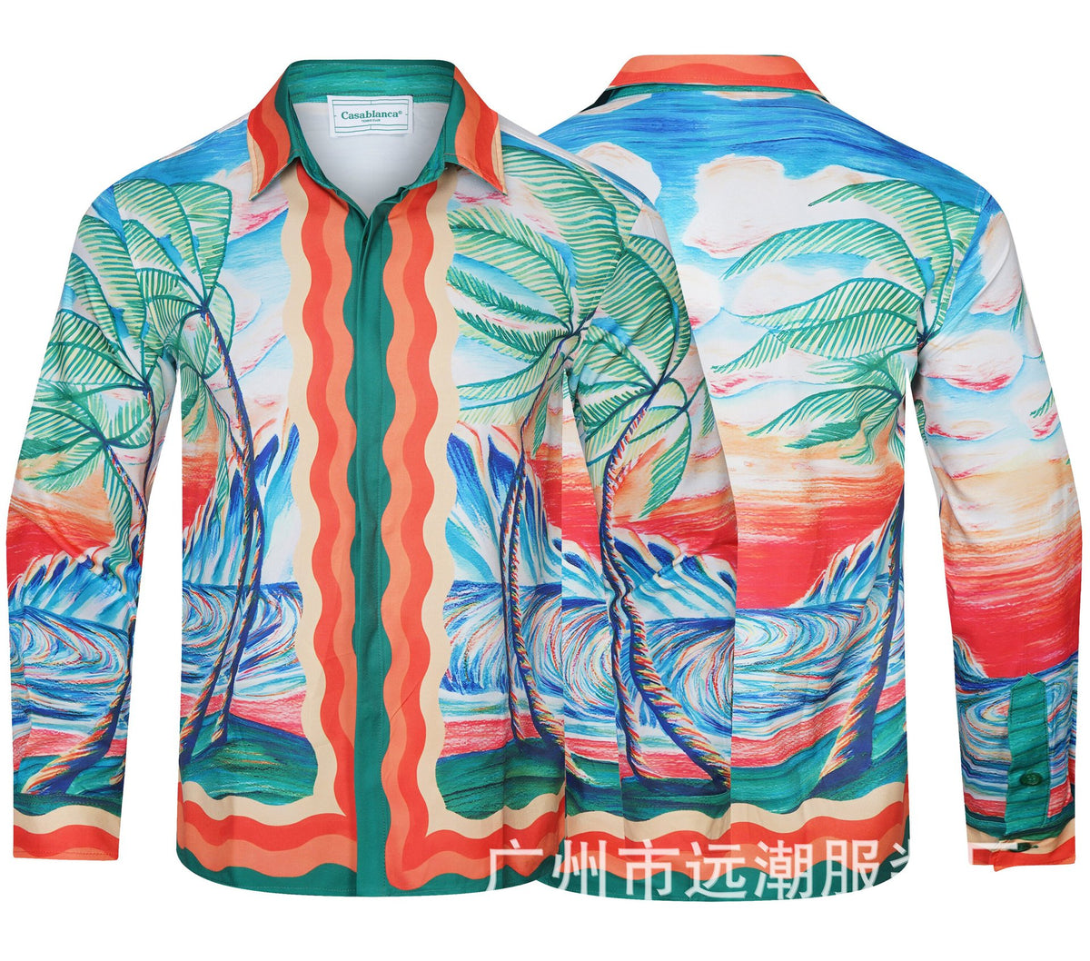 Long-sleeve checkered shirt with tropical graphic print and pastel trim