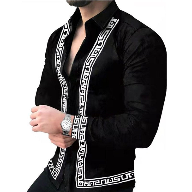 Black Long-Sleeve Cotton Shirt with Greek Key Trim