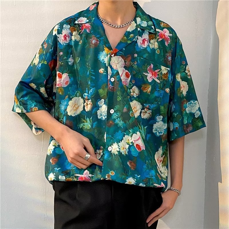 Tropical leaf print short sleeve button up shirt