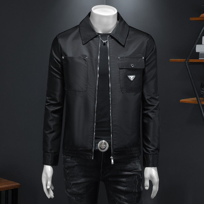 Black zip-front utility jacket with notched lapel and multiple pockets