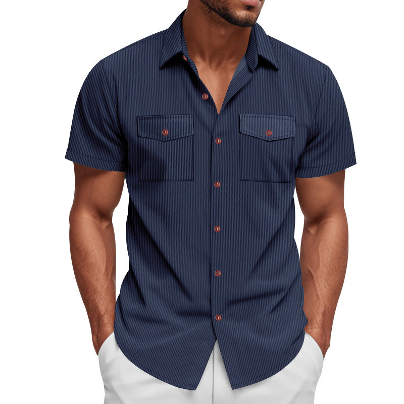 Corduroy short sleeve shirt with chest pockets and turn-down collar