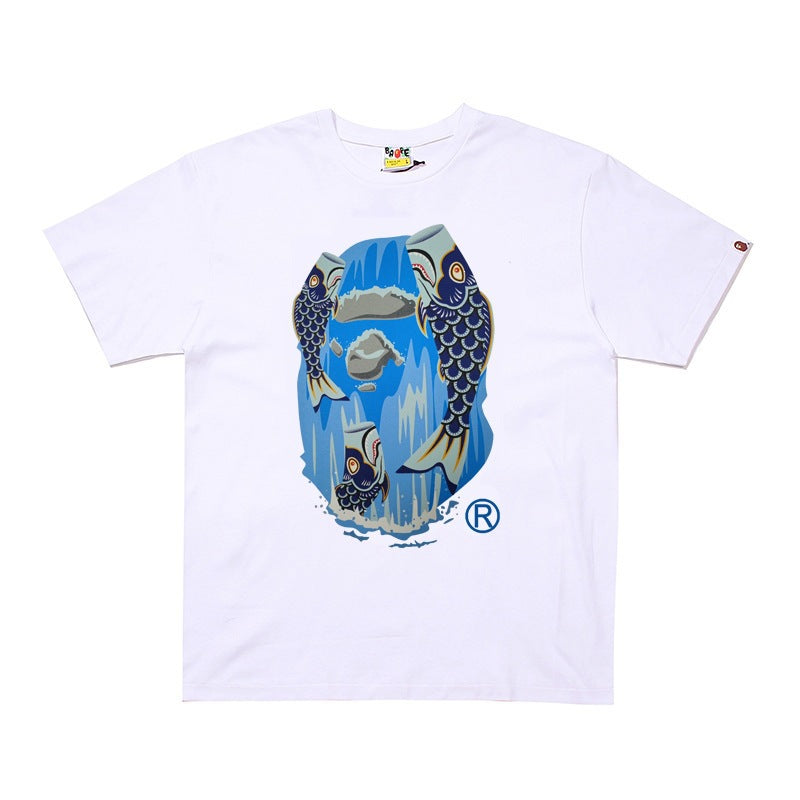 Plaid-pattern cotton short sleeve tee with graphic print