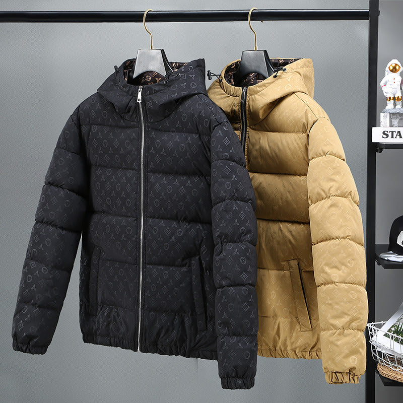 Black and Khaki Hooded Down Jacket with Floral Print