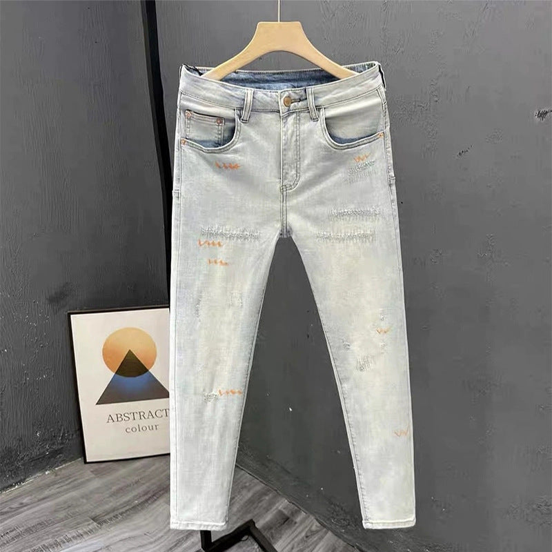 Dark Blue Patchwork Cuffed Slim Fit Denim Jeans