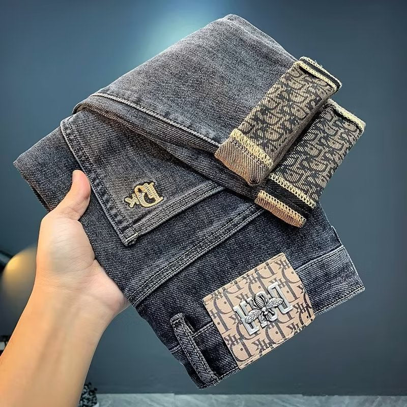 Dark Gray Stretch Denim Slim-Fit Jeans with Subtle Embroidered Detail