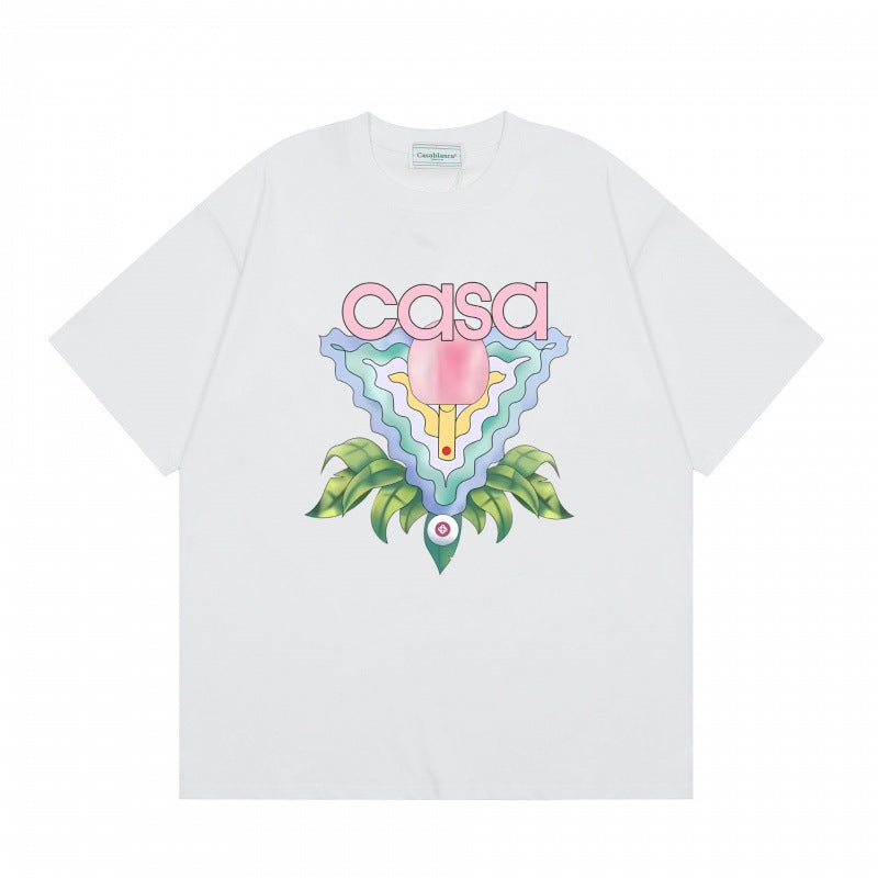 Loose-fit short sleeve t-shirt with blue and white floral script print