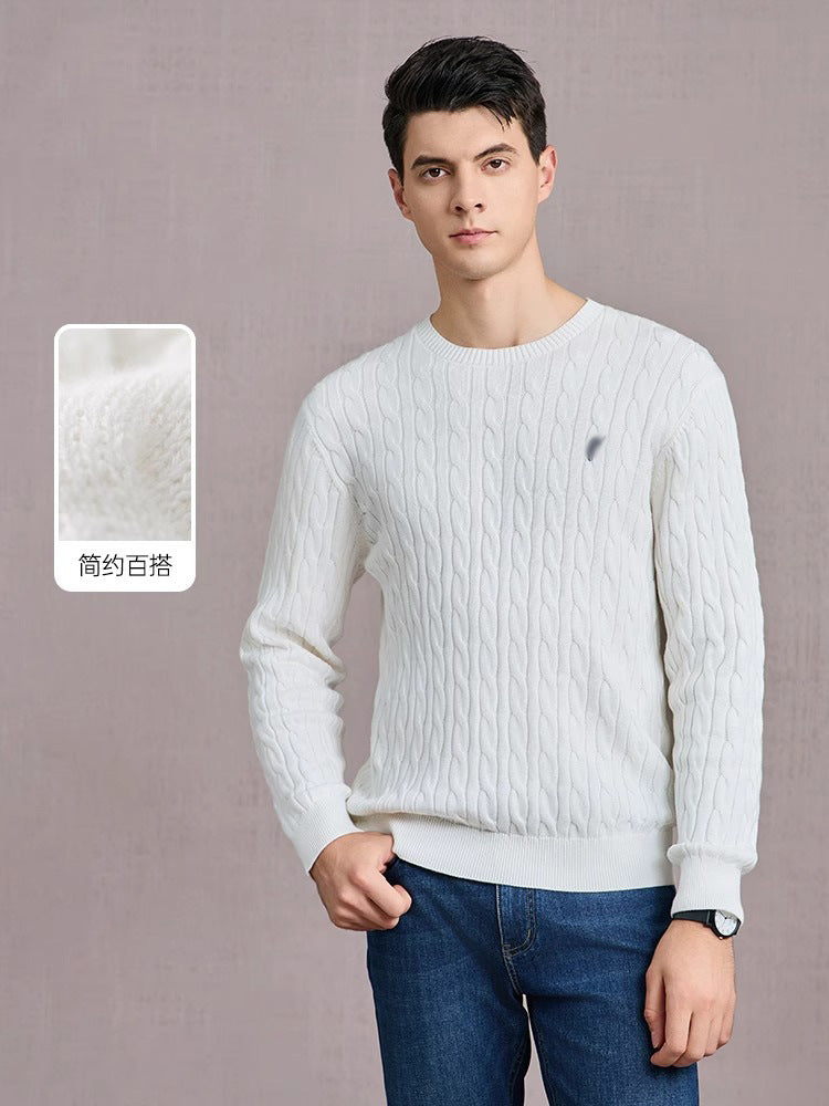 Cable-knit crewneck sweater with subtle polo player embroidery