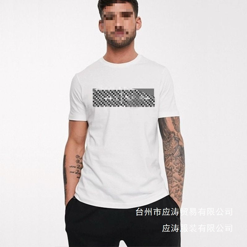 Black short-sleeve round-neck cotton t-shirt with subtle vertical metallic print