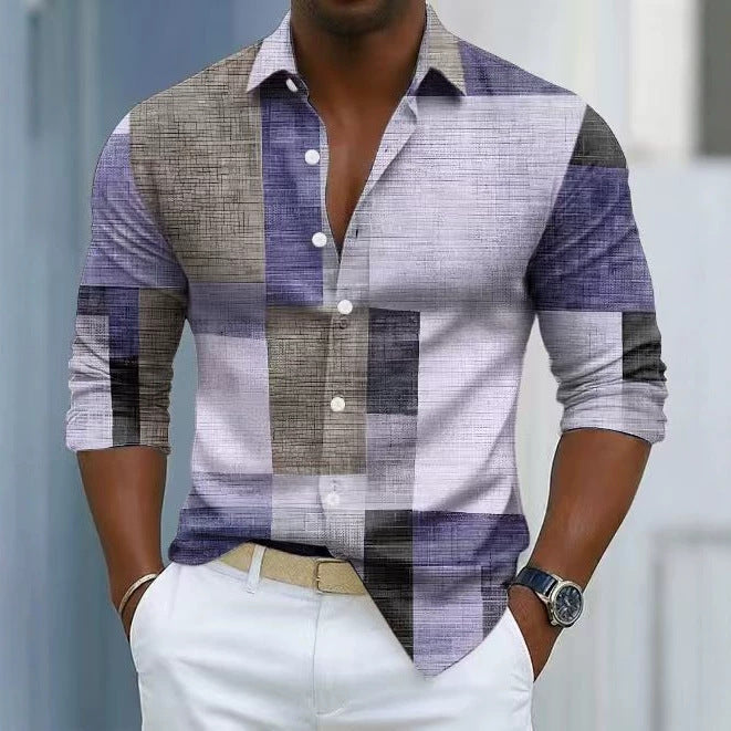 Beige and brown plaid long-sleeve cotton button-up shirt