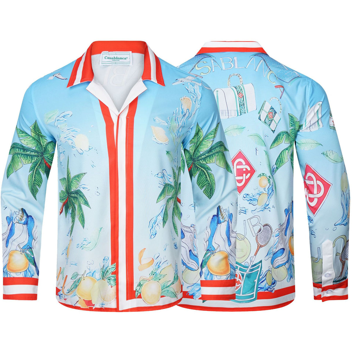 Long-sleeve checkered shirt with tropical graphic print and pastel trim