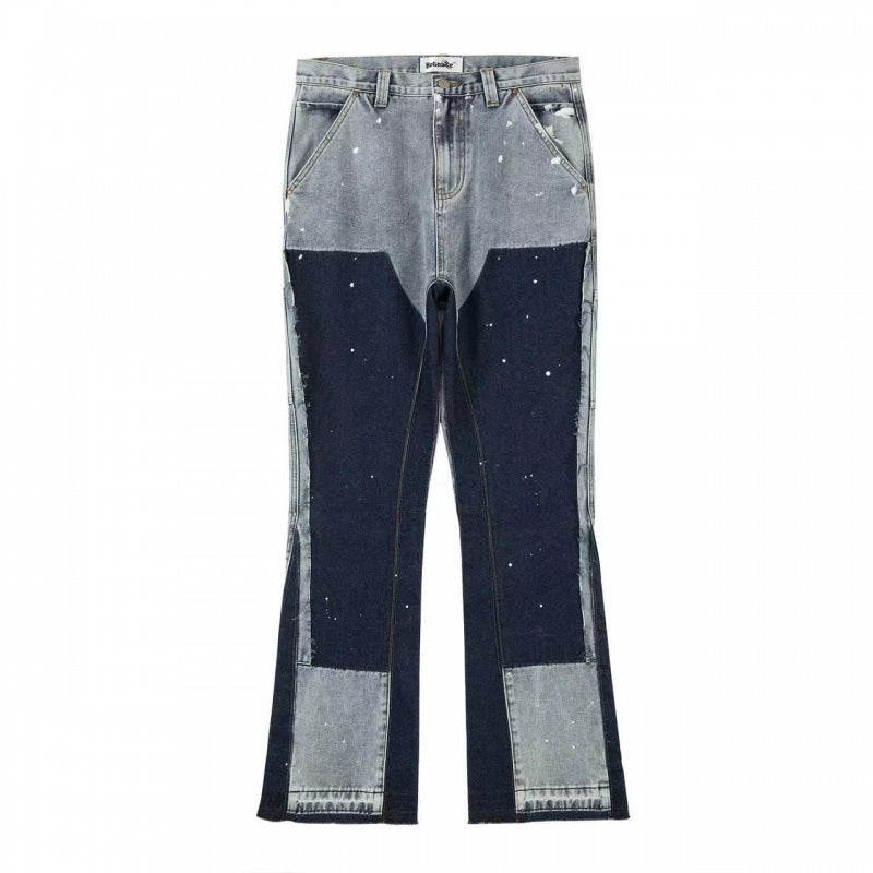 Black and Blue Paint-Splatter Side-Stripe Baggy Jeans