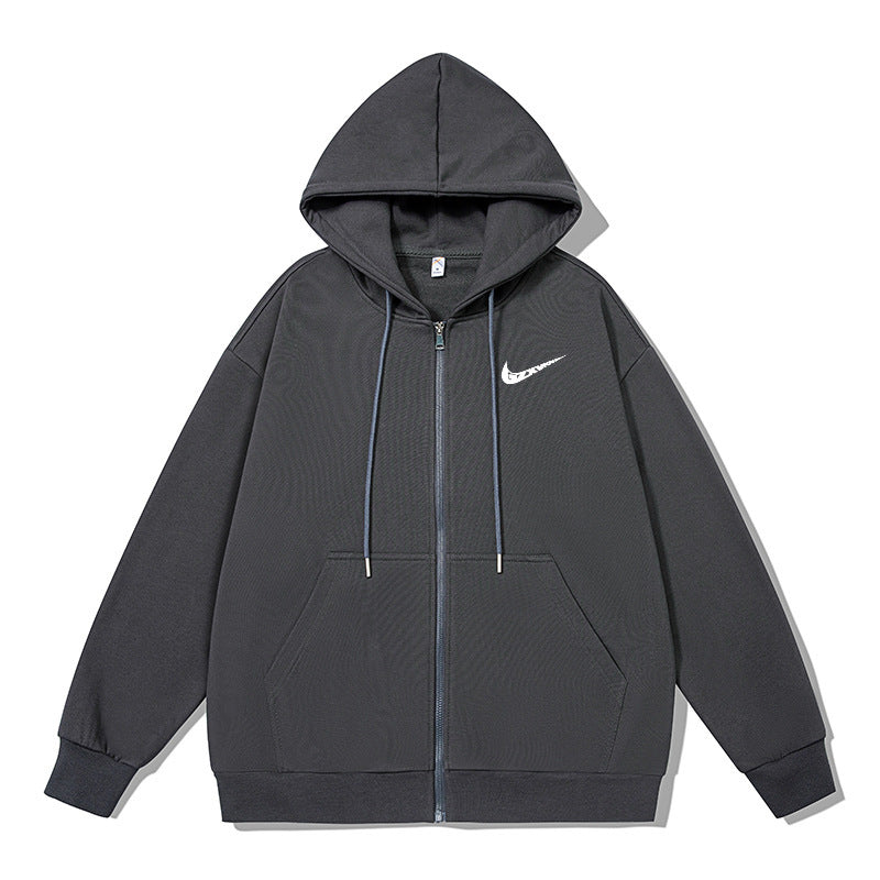 Black full-zip fleece-lined hoodie with drawstrings and kangaroo pocket