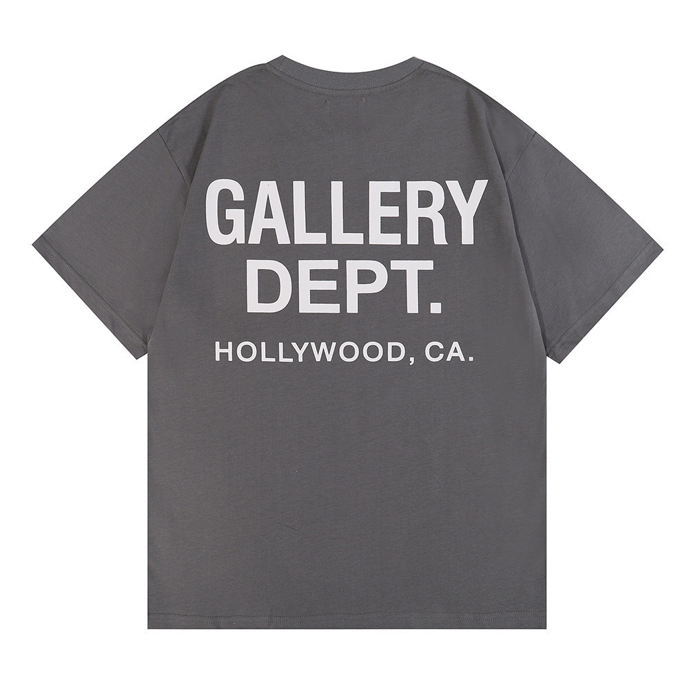 Cotton Crew Neck T-Shirt with Retro Letter Print in Solid Colors