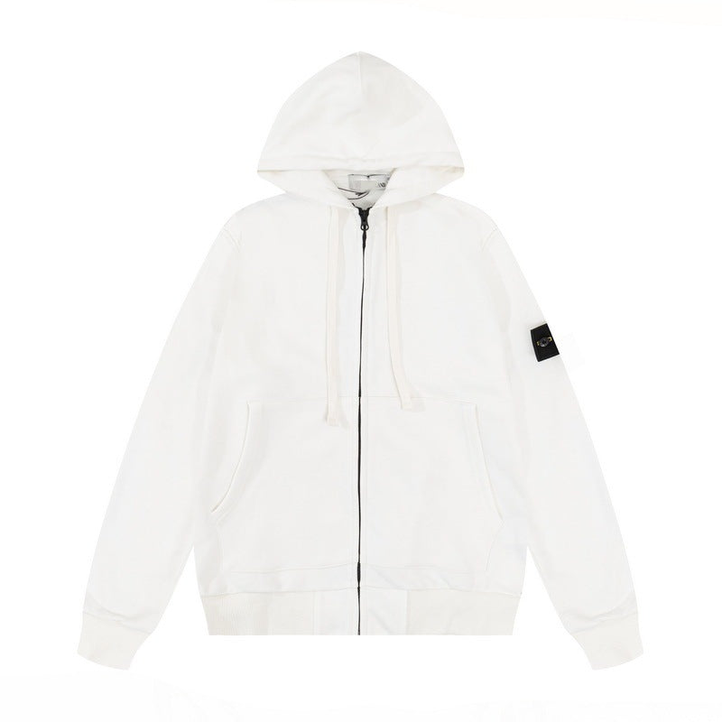 Solid-color hooded zip-up jacket with embroidered badge