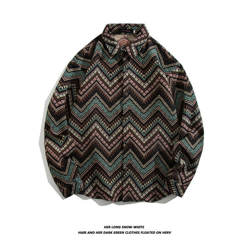 Oversized geometric tribal print button-up shirt