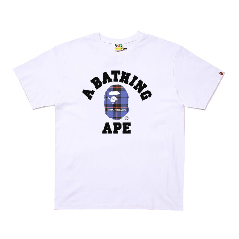 Plaid-pattern cotton short sleeve tee with graphic print