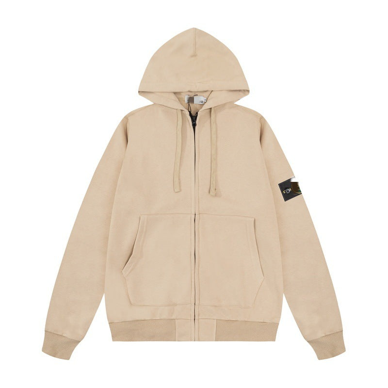 Solid-color hooded zip-up jacket with embroidered badge