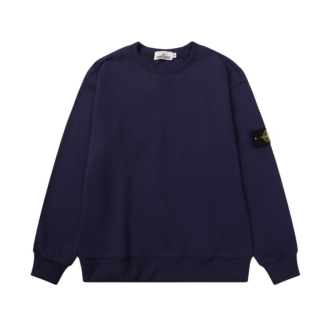 Solid-color hooded zip-up jacket with embroidered badge