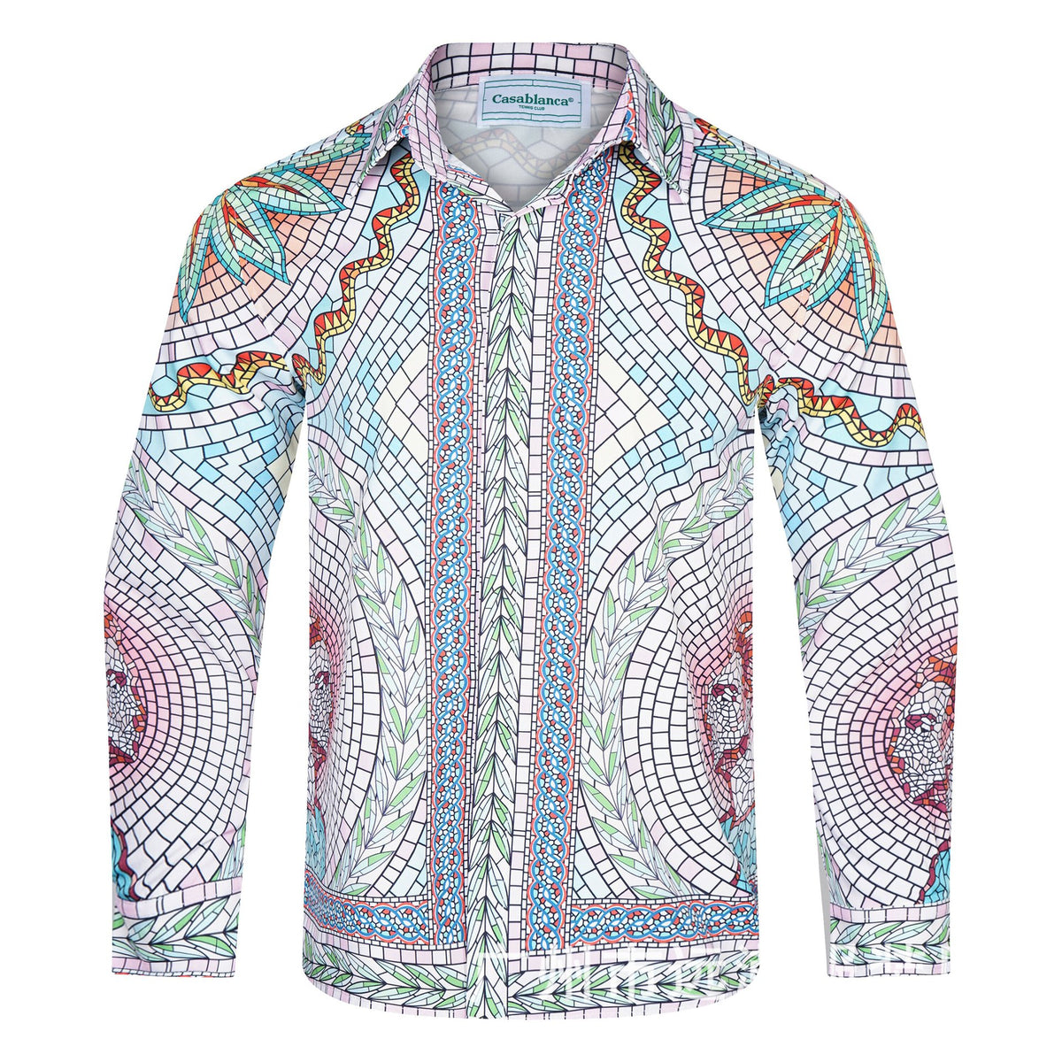 Long-sleeve checkered shirt with tropical graphic print and pastel trim