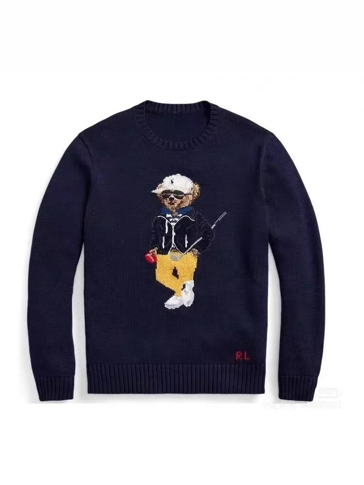 Navy crewneck sweater with embroidered bear holding golf club