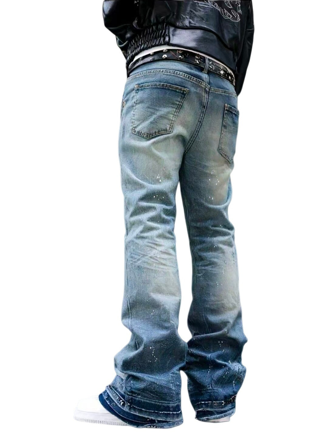 Gray and blue splatter-effect cuffed stretch jeans