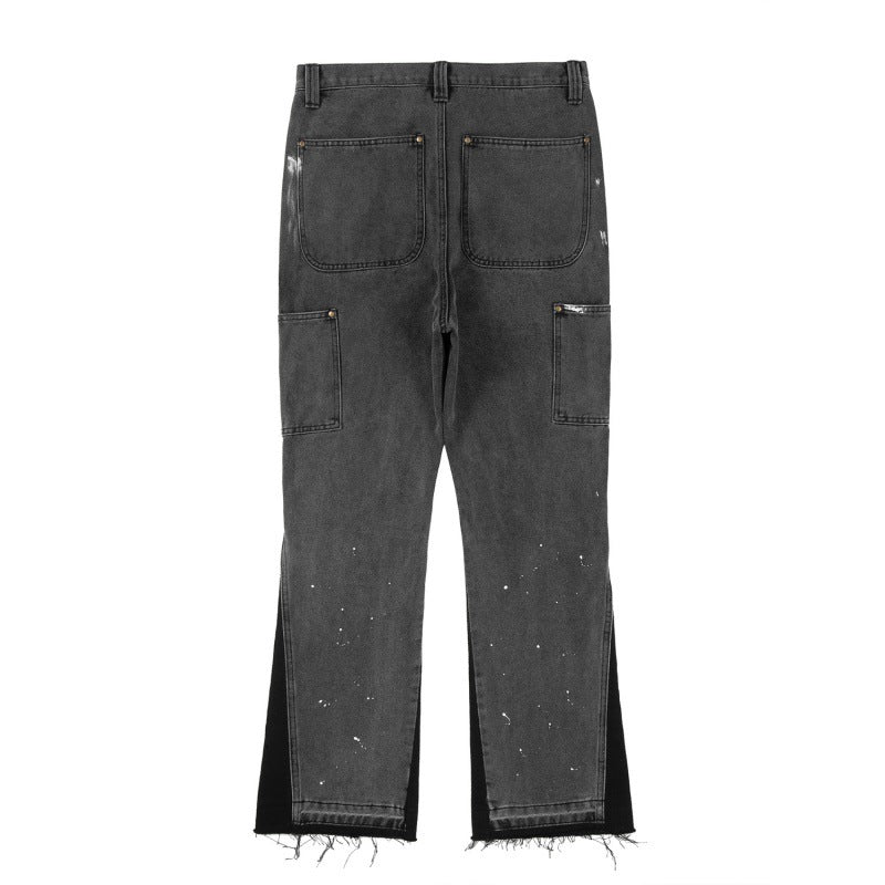 Black and Blue Paint-Splatter Side-Stripe Baggy Jeans