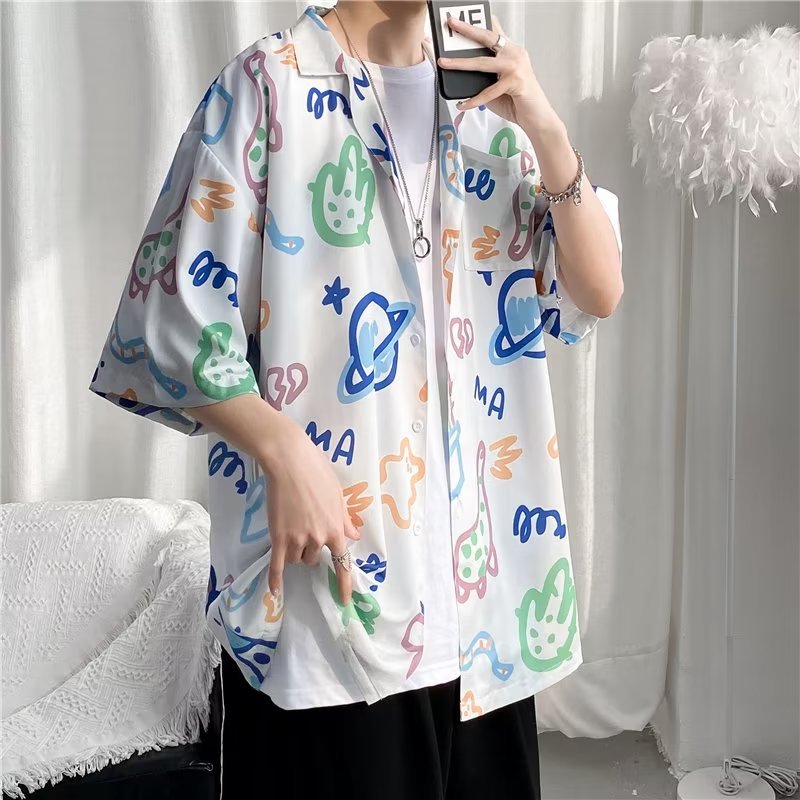 Tropical leaf print short sleeve button up shirt