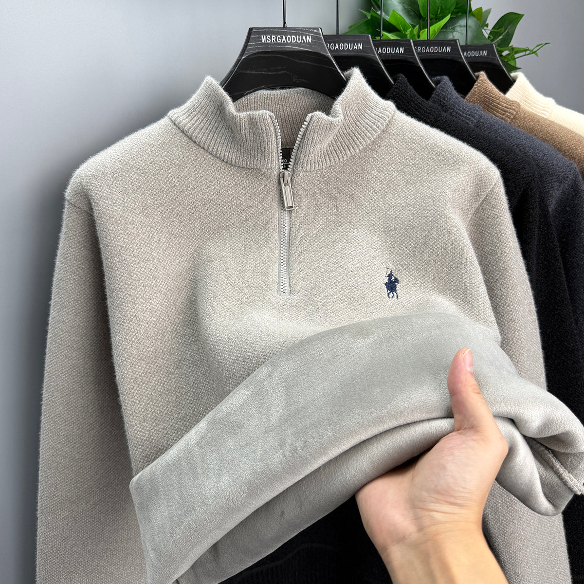 Camel Rib-Knit Half-Zip Sweater with Textured Cable Pattern