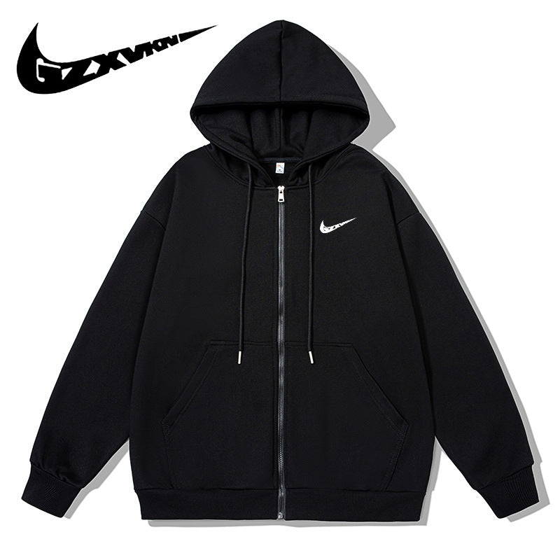 Black full-zip fleece-lined hoodie with drawstrings and kangaroo pocket
