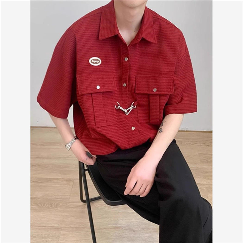 Short-Sleeve Waffle-Knit Button-Up Shirt in Black Red or Khaki