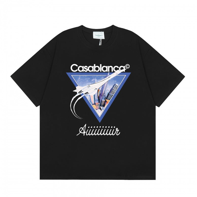 Loose-fit short sleeve t-shirt with blue and white floral script print