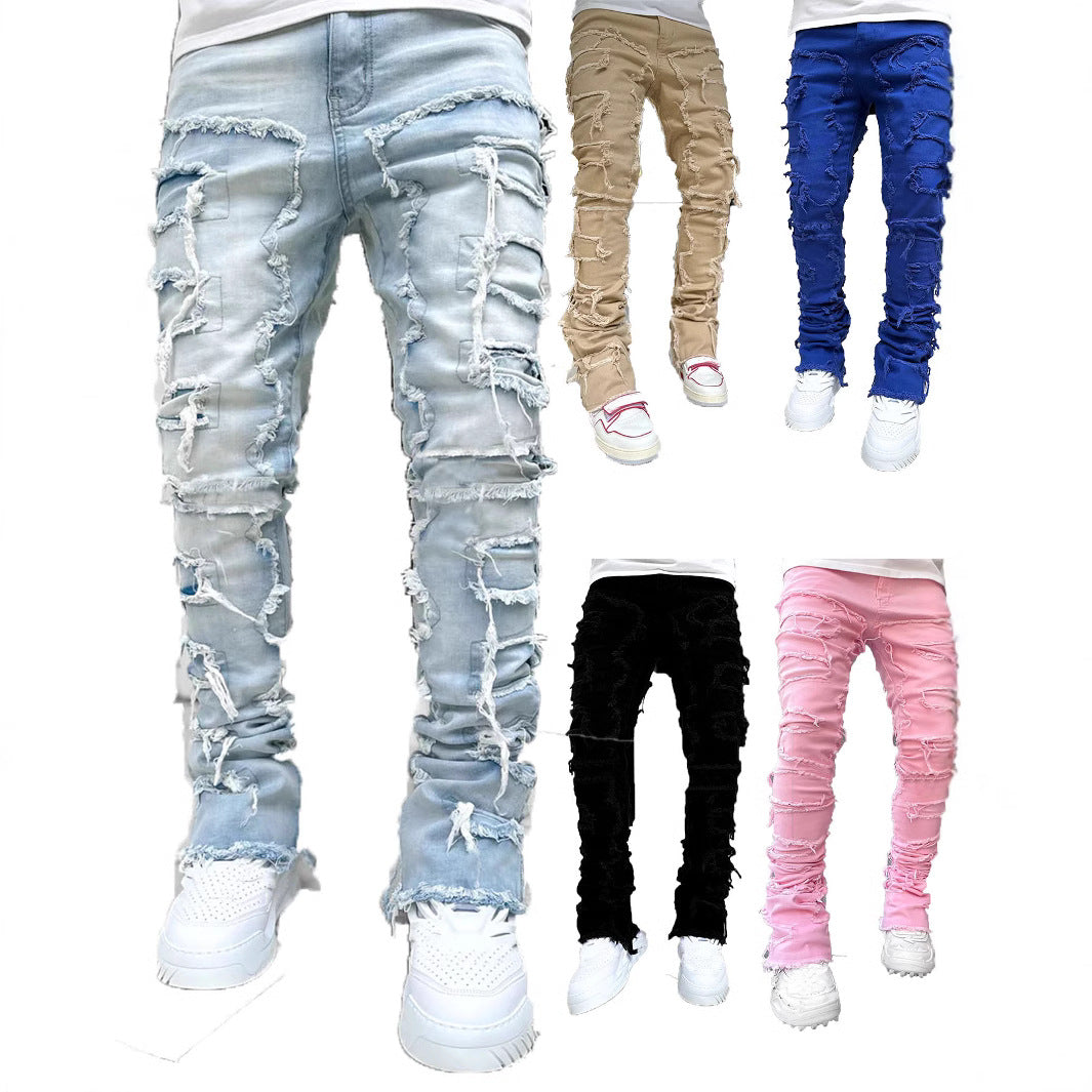 Light-Wash Distressed Straight-Cut Denim Pants