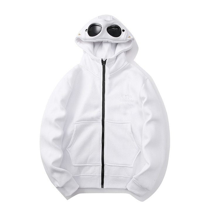 Round-Lens Hooded Pullover with Goggle-Eye Hood