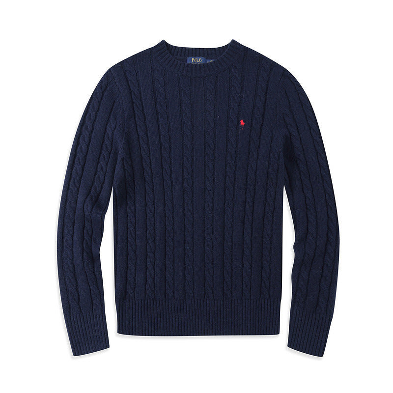 Navy Cable-Knit Crew Neck Pullover Sweater