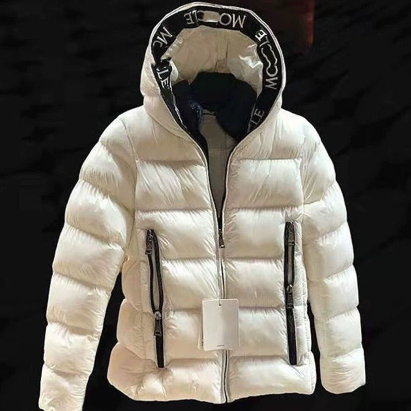 Black and white embroidered hooded puffer jacket