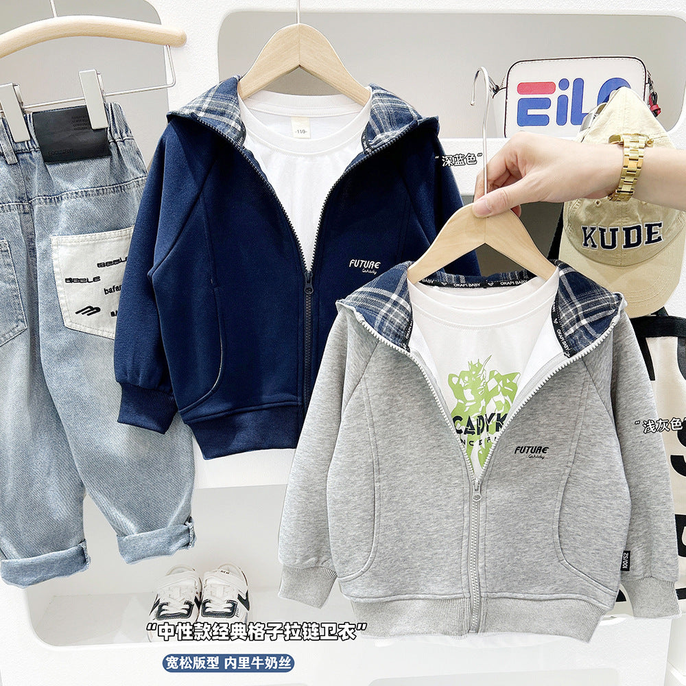 Gray or Navy Hooded Windproof Jacket with Check-Lined Interior