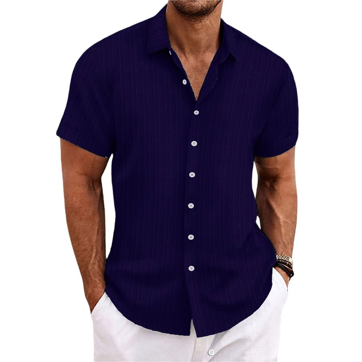 Jacquard striped short-sleeve cotton linen shirt