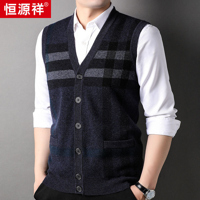 Charcoal Burgundy Camel Jacquard-Knit V-Neck Sleeveless Vest