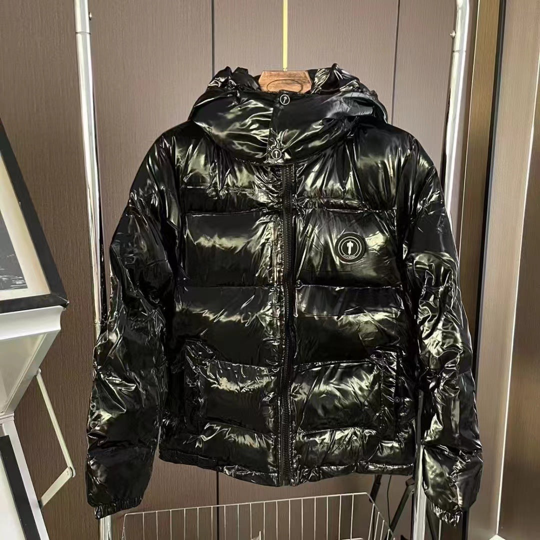 Black Nylon Puffer Jacket with Detachable Hood and Quilted Windproof Construction