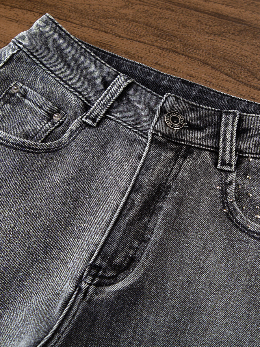 Charcoal Gray Slim-Fit Stretch Denim Jeans with Embroidered Detail