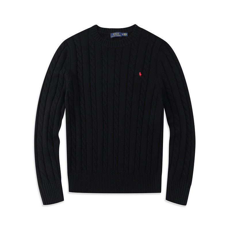 Navy Cable-Knit Crew Neck Pullover Sweater